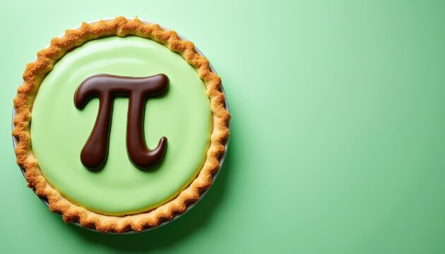 Chocolate pie with green cream topping and pi symbol decoration. This round dessert is perfect for Pi Day celebrations or math themed events. Sweet pastry treat.
