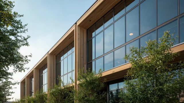 Modern wood framed office building with large glass windows wood facade and surrounding green