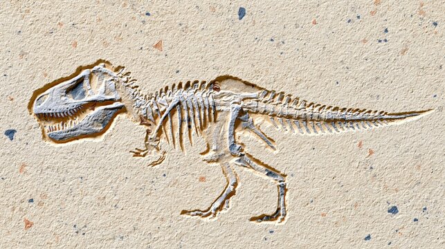 Tyrannosaurus Rex skeleton fossil carved into textured stone background