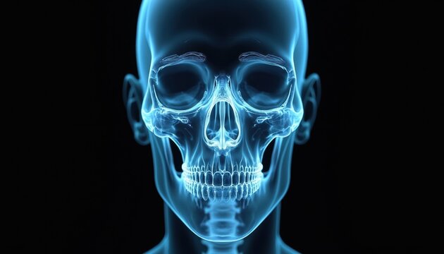 Human skull x-ray front view shows nasal cavity bone structure. Blue light illuminates facial skeleton details and sinuses. Medical illustration of internal human head.