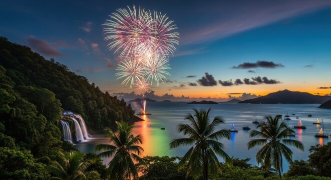 Colorful fireworks exploding over a tropical bay with waterfall at sunset