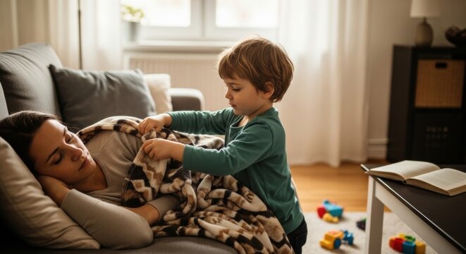 Caring little boy tucking a blanket over his tired mother sleeping on sofa