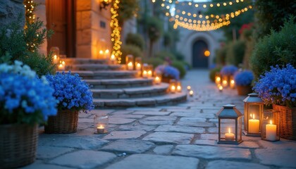 Fototapeta premium Stone pathway with blue flowers and lanterns lit by candles. String lights hang above building entrance. Evening scene evokes romantic, magical atmosphere for special event.