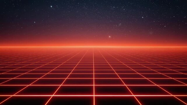 Neon grid horizon starry sky glowing red perspective lines evoking retro futurism digital landscape