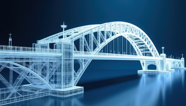 Wireframe illustration of large suspension bridge structure over water. Digital architectural model shows steel beams and cables. Conceptual design for urban infrastructure and transport.