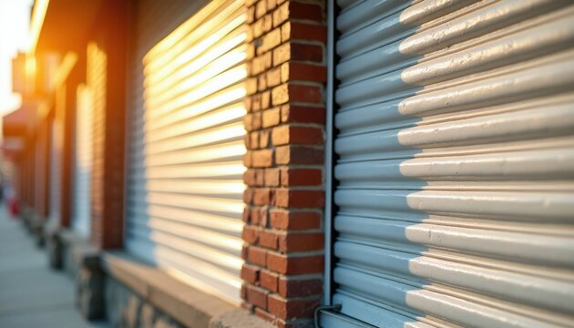 Row of brick storefronts with white metal security shutters closed. Buildings weathered facades, on street with sunlight creating shadows, reflections. Looks like business closure end of day.