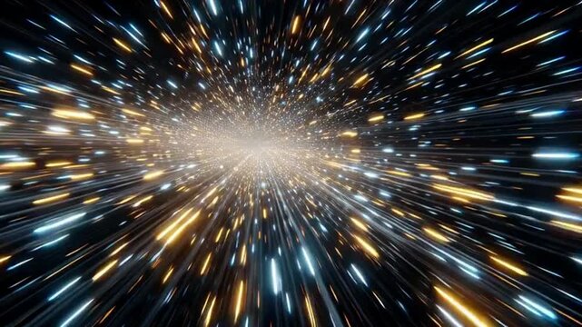 Abstract hyperspace jump through a starfield, traveling at the speed of light in a wormhole.
