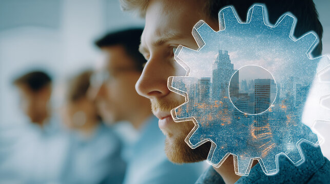 Mind of Progress: A close-up shot of a thoughtful individual whose mind is visualized by a digital gear overlayed on the city. Capturing an essence of innovation, thought, and strategic planning.