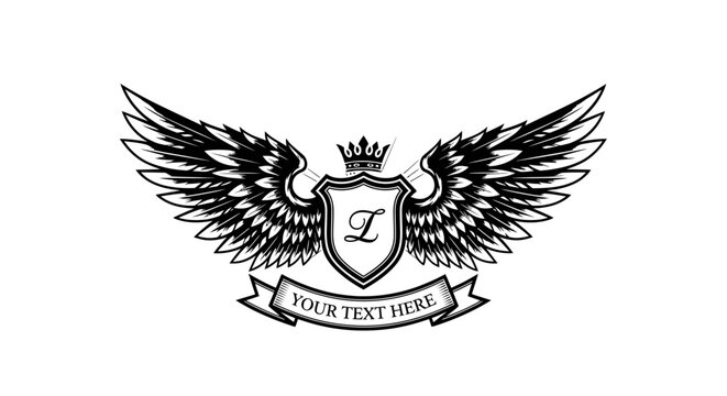 Heraldic Emblem Shield with Wings, Crown, and Banner
