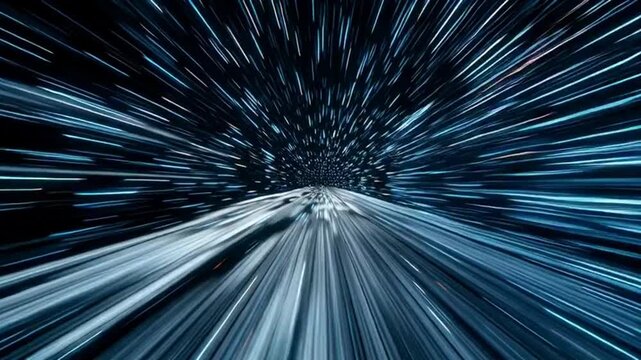 Abstract hyperspace jump through a star-filled galaxy, representing speed, light, and futuristic travel in a digital tunnel.