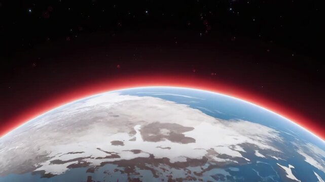 Glowing red planetary horizon at dawn from space with stars atmospheric glow over alien surface