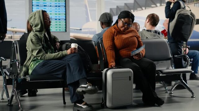 Chatting, going to boarding gate and African American woman in airport hub. Standing up from chairs, talking and travelers in lounge interrupted by boarding call during discussion