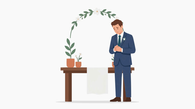 Man in blue suit standing next to table with plants and arch