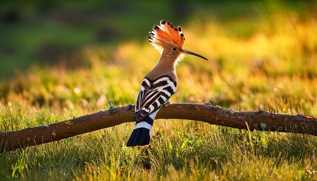 the eurasian or common hoopoe upupa epops is an exotic brown crowned bird with black and white wings that perches on a narrow branch under bright exposed lighting in a lawn
