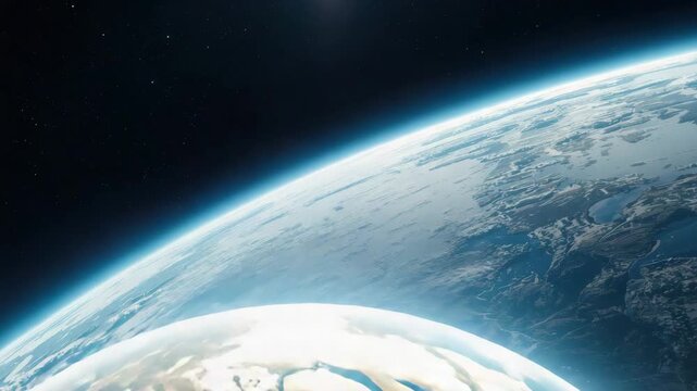 Earth from space night illuminated coastline, floating planet horizon, glowing atmosphere