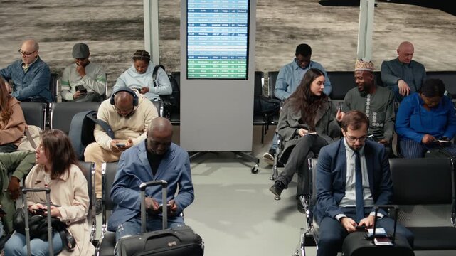 Befriending, traditional clothing and woman in airport with man travelling to foreign country. Discussing, long flight layover and girl with African man in transit hub waiting, camera A