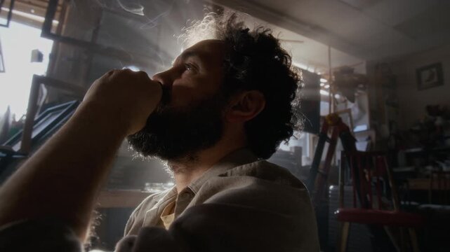 Close up view of bearded male painter lost in thought sitting in cluttered art studio illuminated by sunlight, smoking cigarette during mental burnout