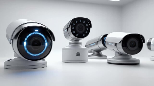 A close-up view showcases several modern security cameras mounted on a clean, white surface, highlighting their sleek design and advanced technology for surveillance.