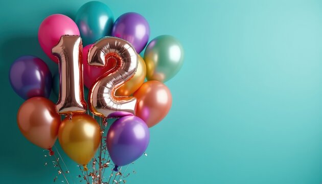 Metallic foil balloons form number 12 for celebration. Colorful latex spheres float against teal backdrop. Festive event decor, blank copy space for text, invites.
