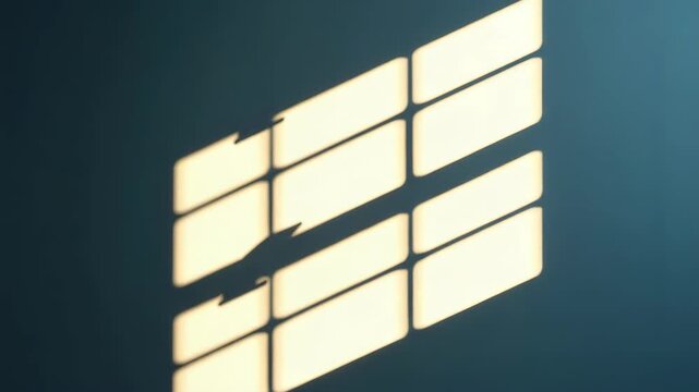 Window shadow grid teal blue wall with warm sunlight glow suggesting soft rectangular window light