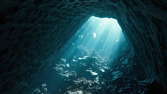 Sunlit underwater cave entrance with blue rays illuminating rocky seafloor and serene beams of light