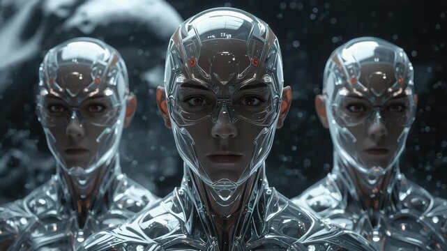Futuristic silver android humanoid trio with reflective biomechanical chrome skin and haunting gaze