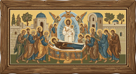 Obraz premium Icon depicting Dormition of the Virgin Mary in a wooden frame 