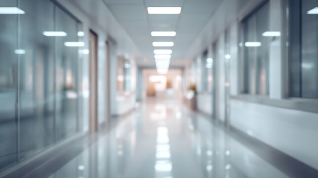 Blurred hospital corridor background with bright, clean, sterile medical environment, soft lighting, and polished floors.