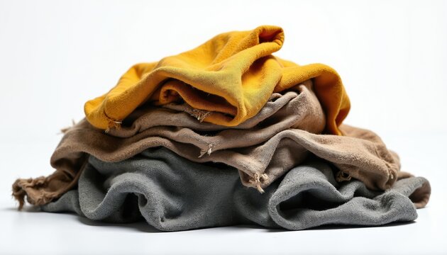 Pile of used dirty textile rags in neutral colors, like grey, brown, yellow. Stacked fabric cloth pieces isolated on white background for cleaning housework concepts. Messy clutter of worn material.