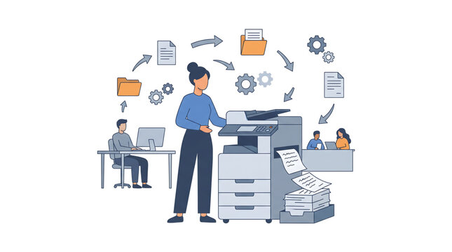 Office workers using a large multifunction printer for document management and workflow automation