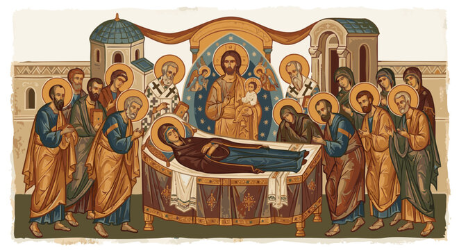 Dormition of the Virgin Mary depicted in Orthodox fresco style  