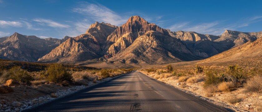 A scenic desert highway leads to distant rocky mountains under a golden sky, with warm tones, gritty textures, and soft light creating a cinematic and vast landscape.