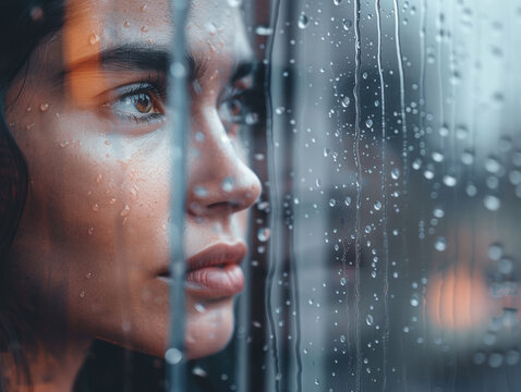Pensive woman looking through rain-covered window in soft light