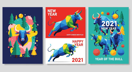 Obraz premium Happy New Year 2021 Year of the Bull Festive Greeting Cards, Abstract Polygon Animals