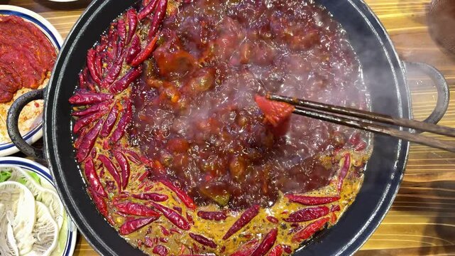 A pair of chopsticks dipping fresh ingredients into a bubbling spicy red oil hotpot in cinematic slow motion.