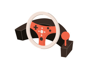 Modern flat wheel controller shows a gamepad device with joystick in a y2k style. Video game gadget stands as key player icon, gadget for technology and entertainment context. © Moonnoon