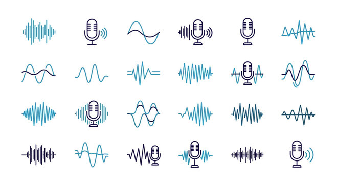 Sound Waveforms and Microphones Collection: Audio Spectrum, Voice Recording, Music Technology