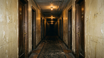 Fototapeta premium Forgotten Passage: An eerie long corridor with closed doors evokes a sense of forgotten stories and timeless isolation. The dim lighting casts long shadows, adding to the feeling of mystery.