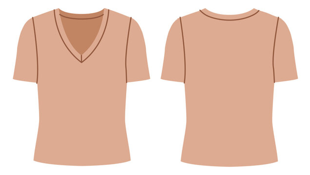 Beige V neck top Short Sleeve oversized silhouette smooth shaping simple casual appearance suitable for everyday wear. Technical fashion illustration in flat color, front and back views. Vector