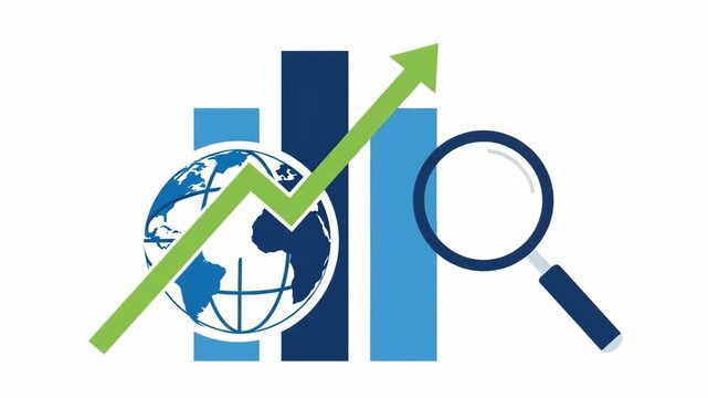 Global Business Growth and Market Analysis with Magnifying Glass and Upward Trend Graph.