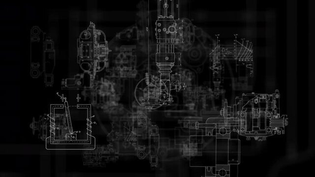 Technical mechanical drawing animation engineering blueprint schematics