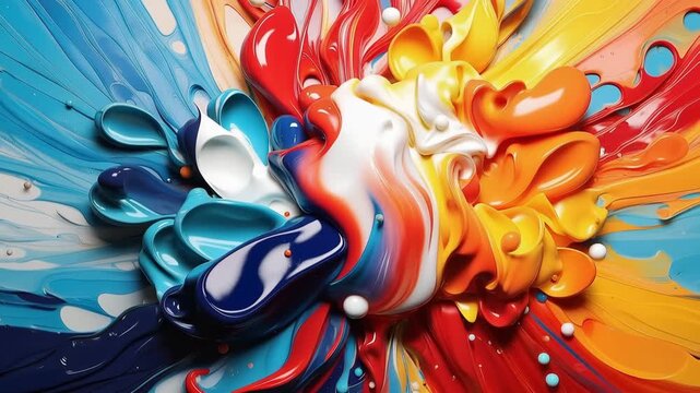 Bright colors of paint swirl and blend together in a studio. Different shades merge on a canvas creating bold designs. This happens in the spring afternoon light.