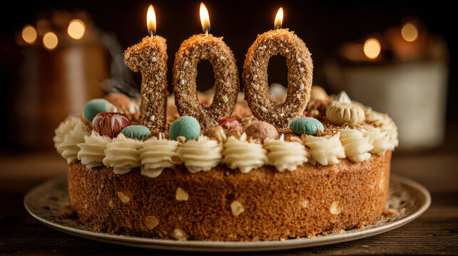 Birthday cake with burning candles showing number 100, symbol of longevity, long-lived person, centennial