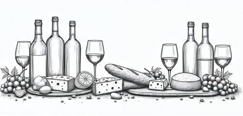 Obraz premium Line art illustration of wine bottles, glasses, cheese wedges, grapes, and almonds on a white background. This is a minimalist depiction of a classic food and drink pairing.