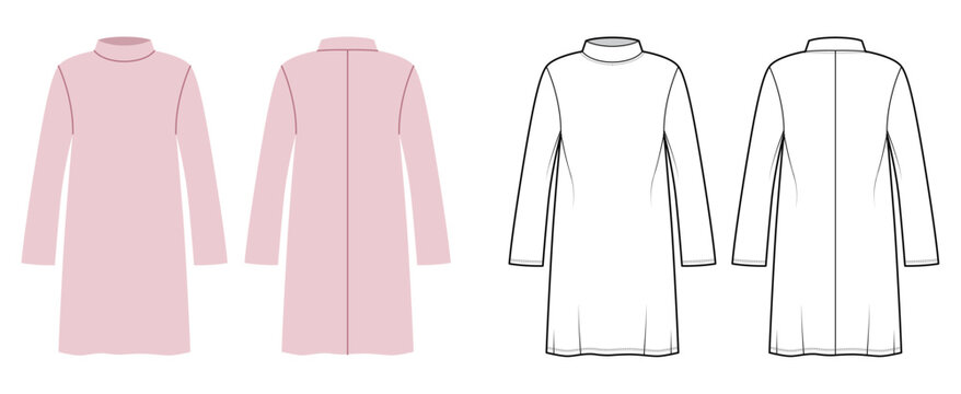 Long sleeve basic dress straight silhouette, minimal construction lines clean shaping, everyday style suitable. Technical fashion illustration in black white color, front back views, CAD template