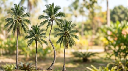 Fototapeta premium A row of four palm trees sitting on top of a lush green field.