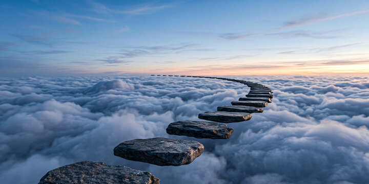 Stone Stepping Path Floating and Curving Above a Sea of Clouds