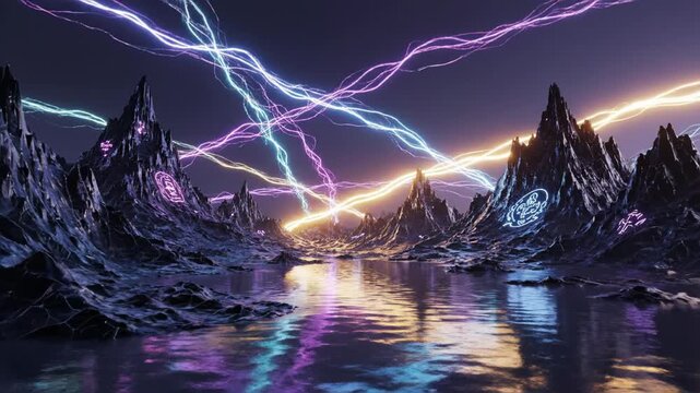 A surreal landscape featuring jagged, dark mountains reflected in a still, purple lake, illuminated by vibrant, neon-like lightning streaks across a dramatic sky.