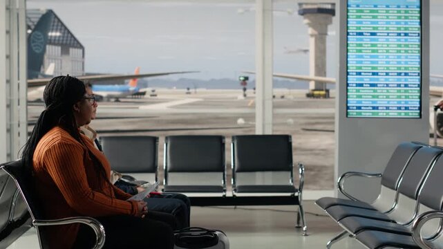 Multiethnic passengers in airport holding passport travel documents necessary for international trip. Diverse travelers with boarding pass enduring long flight layover before next airplane departure