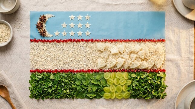 A creative food art display resembling the flag of Uzbekistan using spices vegetables and grains